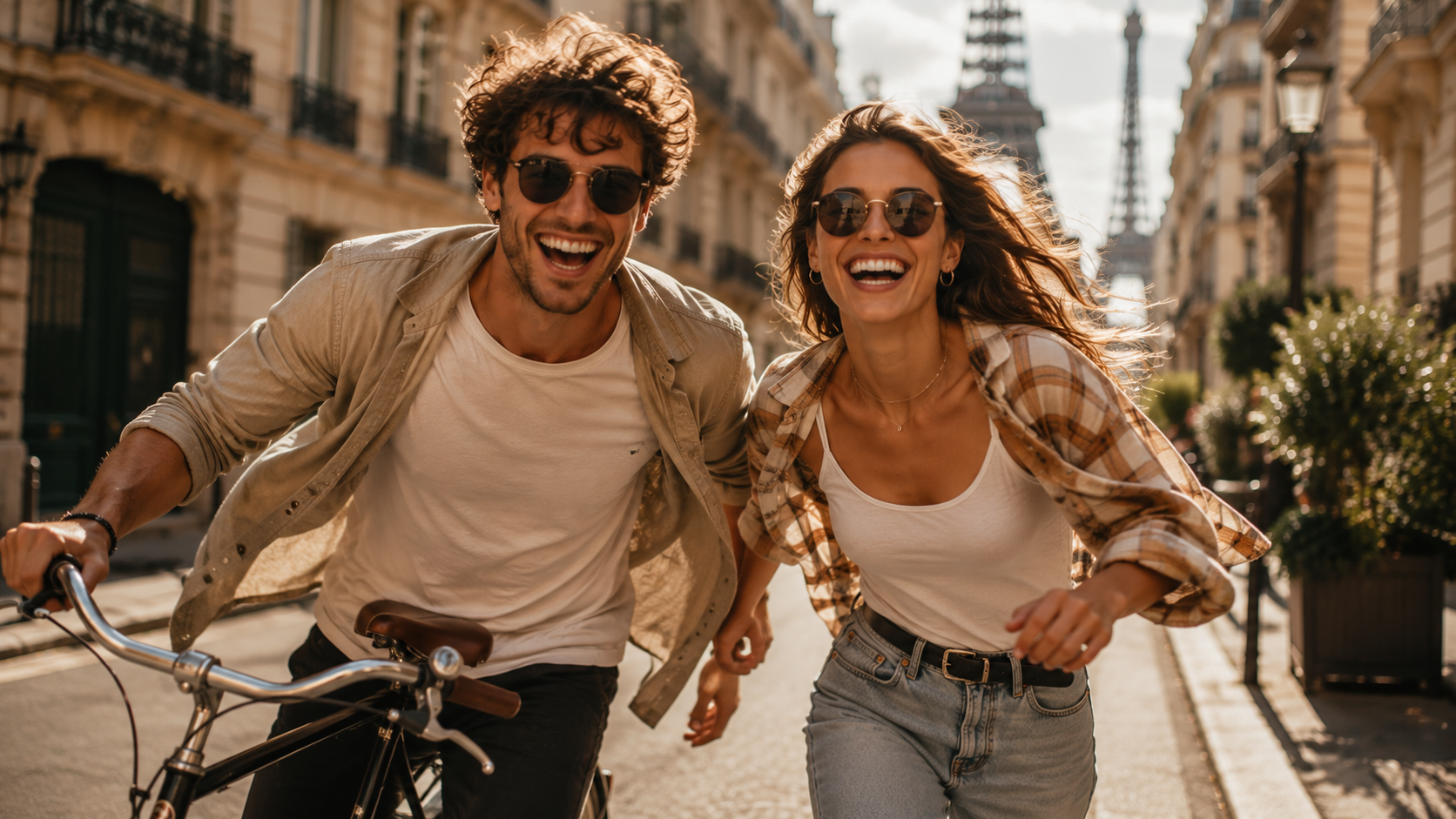 Ein Mann und eine Frau mit einem Fahrrad nebeneiander laufend mit Invisalign im Mund und lachend